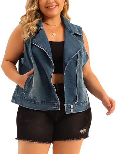 Agnes Orinda Plus Size Denim Vest for Women 2024 Zipper Sleeveless Jackets Motorcycle Washed Jean Vest Jacket 2X Blue
