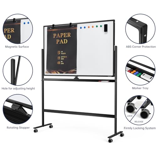 Image of Large Dry-Erase Rolling Magnetic Whiteboard - 48 x 32 Inches Dry Erase Board with Stand Height Adjust Double Sides Mobile White Board Easel on Wheels with 25 Sheets Paper Pad Office, Home & Classroom