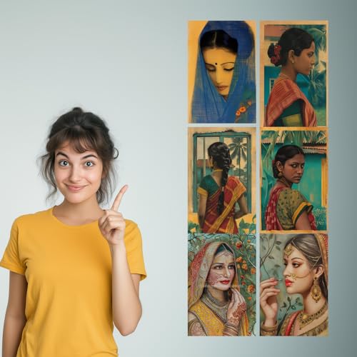 Image of SiddArtify Set of 6 Indian Women Art Prints - Portrait Paintings - Warm Color Palette - Sticker - 8x12 Inch - Pack of 6 Wall Room Decoration art Poster Prints