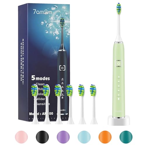 7AM2M Sonic Electric Toothbrush with 6 Brush Heads for Adults and Kids, One Charge for 90 Days, Wireless Fast Charge, 5 Modes with 2 Minutes Build in Smart Timer, Electric Toothbrushes(Light Green)