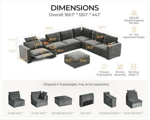 Image of 169.7 inch Oversized Modular Power Recliner Sofa with Headrest, Wall Hugger Cloud Reclining Couch, Drawer Charging Cup Holders, Deep 7-Seater Sectional with Corner and Storage Ottoman, Chenille, Grey