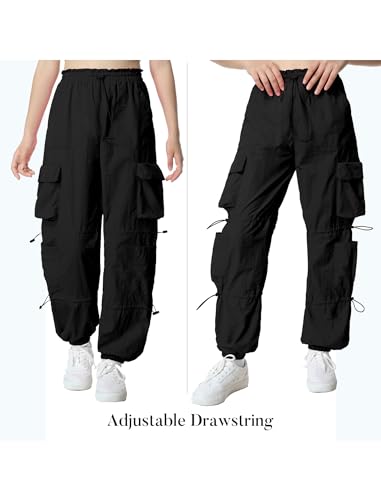 Image of EXARUS Girls Parachute Pants Cargo Hip Hop Wide Leg Baggy Y2K Teen | Tween Casual School Dance Streetwear with Pockets Elastic Waist Youth Junior Kids Bottoms Hiking 8-14Y