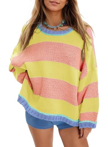 Fnortc Women's Chunky Knit Striped Sweaters Casual Long Sleeve Crew