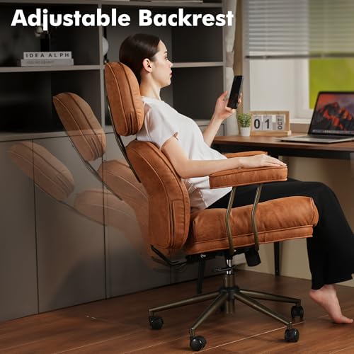 Image of Brown Leather Home Office Chair, Ergonomic High Back Executive Chair with Deep Seat Thick Cushion, Mid Century Modern Big and Tall Computer Desk Chair with Lumbar Support (Light Brown Suede)