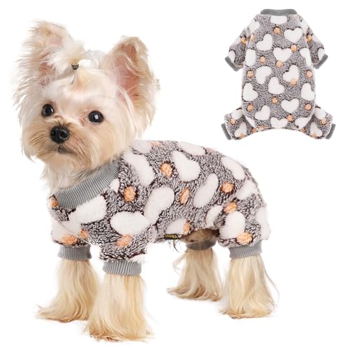 Sebaoyu Dog Sweater for Small Fleece Pajamas Girl Boy Warm Love Pet Clothes Puppy Winter Cute Tiny Outfit Pjs 4 Legs Jumpsuit Yorkie Cat(Gray,XX-Small)