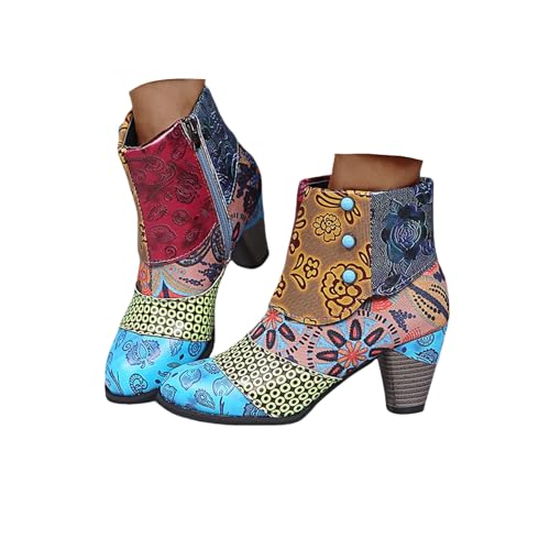 Ankle Boots for Women Boho Cowboy Boots Fashion Leather Round Toe Zipper Ankle Booties Trendy Chunky High Heels Dress Short Booties for Ladies Comfortable Winter Fall Walking Shoes