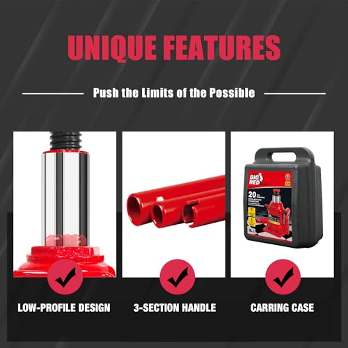 Image of Big Red 20 Ton (40,000 lb) Low Profile Hydraulic Bottle Jack with Carrying Case,Red