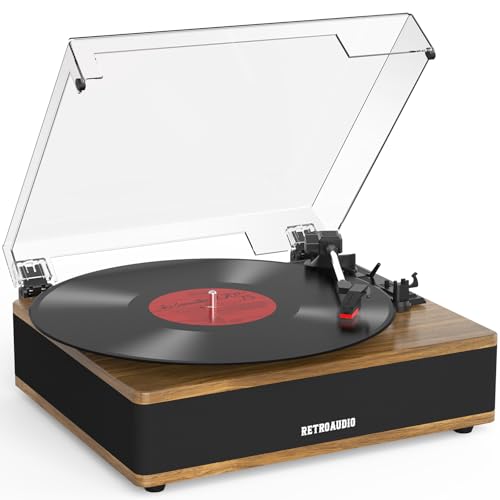 Record Player with Built in Stereo Speakers Bluetooth Turntable Belt Drive 3 Speeds(33 1/3, 45, 78RPM) Turntables for Vinyl Records Support RCA Output, Aux in, Auto Stop Brown