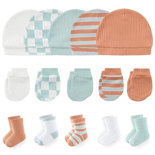 Newborn Baby Boy Girl Caps Mittens Socks Set Cotton Baby Essentials Accessories (Hats+Gloves+Socks)