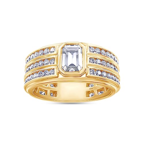 Wishrocks 2 3/4 CT Center 7X5MM Emerald & Round Cut Moissanite Men's Three Row Eternity Anniversary Wedding Band Ring In 10K Solid Yellow Gold (VVS1/2.75 Cttw)-11