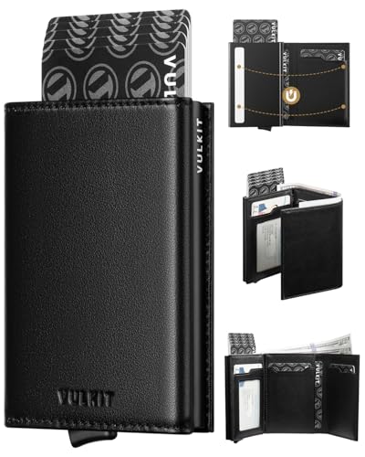 Image of VULKIT Pop up Card Wallet Minimalist Cash Wallets RFID Blocking Leather Smart Credit Card Holder with ID window for Men, Top-Grain Cowhide Black, Classic