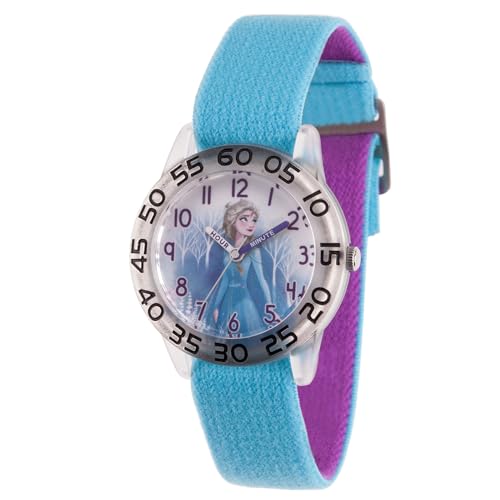 Disney Frozen 2 - Reloj para niñas de 4 a 7 años, diseño de princesa con esfera de personajes, regalo para niños, bisel transparente y correa de nailon azul y morado con cierre de velcro, compra y