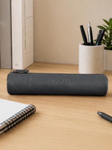 Image of Calfnero Genuine Leather Pen-Case for Men & Women | Premium Black Leather Pencil-Pouch with Zipper | Cylindrical Pen-Holder Organizer for Pen, Pencils & Stationery | Unisex Pen-Sleeve