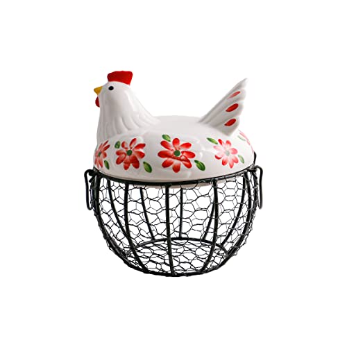 Kitchen Storage Metal Wire Egg Basket with Ceramic Farm Chicken Cover Fresh Egg Holder/Organizer Case/Container