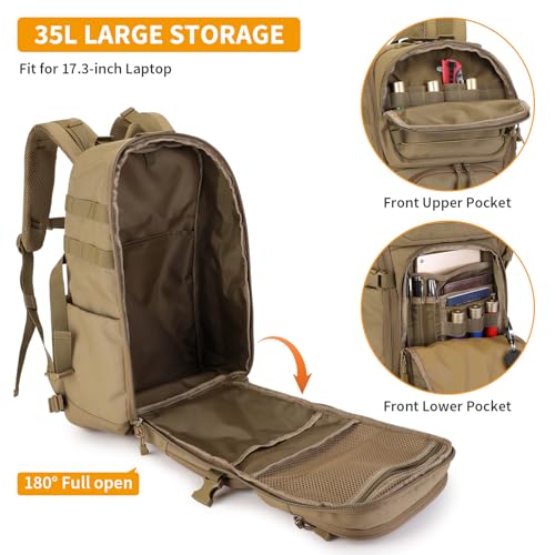 Image of HUNTVP Tactical Backpack for Men 35L Military Backpack MOLLE 1000D Army Daypack 3 Day Bug Out Bag for Work Camping Hiking Outdoor, Brown