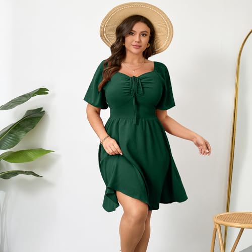 Image of RWJ Women Plus Size Summer Dress Short Sleeve Tie Front Sweetheart Neck Casual Mini Wedding Guest Dresses 2025