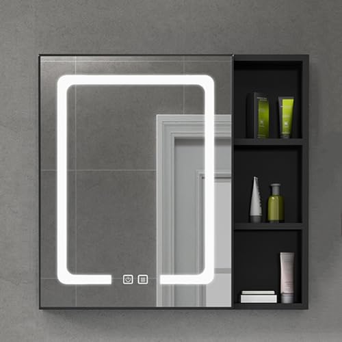 Moderno armario de espejo de baño LED, estructura de aluminio, función antivaho, unidad de almacenamiento de 1 puerta, diseño blanco/negro, ahorro de espacio 75 x 65 cm, perfecto para decoración del