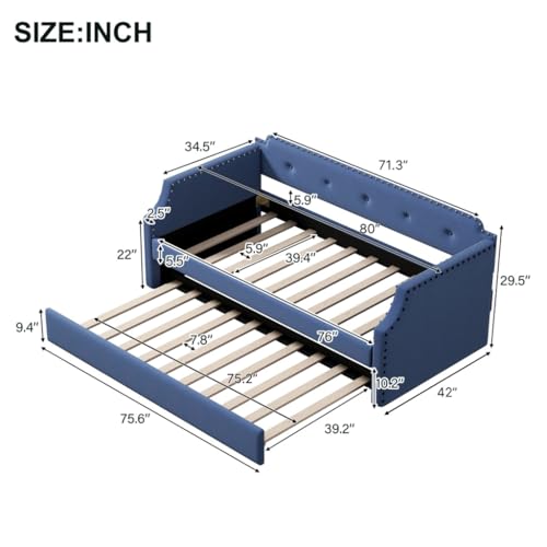Upholstered Twin Daybed With Trundle, Wood Slat Support,Upholstered Frame Sofa Bed,For Bedroom,Living Room, [5]
