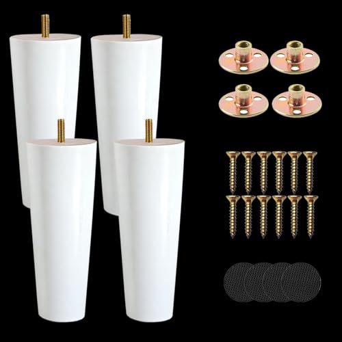 XineYuor Pieds de Meuble en Bois,4PCS Noir Pieds de Canapé Bois Massif,Pieds de Canapé de Rechange,Pieds de Meubles pour lit, Placard,Banc,Meuble TV,Armoire avec Accessoires (20cm/7.87'', White)