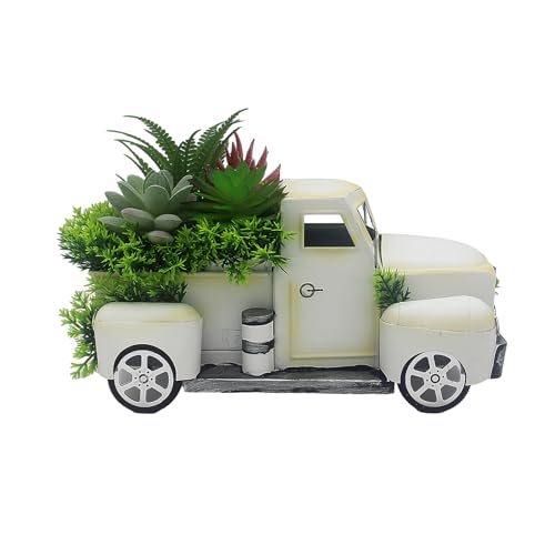 fztksmart Farmhouse Metal Truck Decor with Artificial Succulents - Rustic Iron Pickup Truck with Removable Faux Succulent Planter for Entryway, Living Room, Coffee Bar Tabletop Decoration