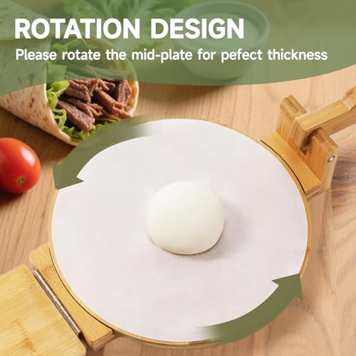 Image of Wooden Quesadilla Maker - Tortilla Press 10 Inch with 50 Parchment Paper & Dough Cutter, Bamboo Prensa para Tortillas Mexican Aplastador de Tortillera Press for Burritos, Taco, Roti, Corn Tortillas