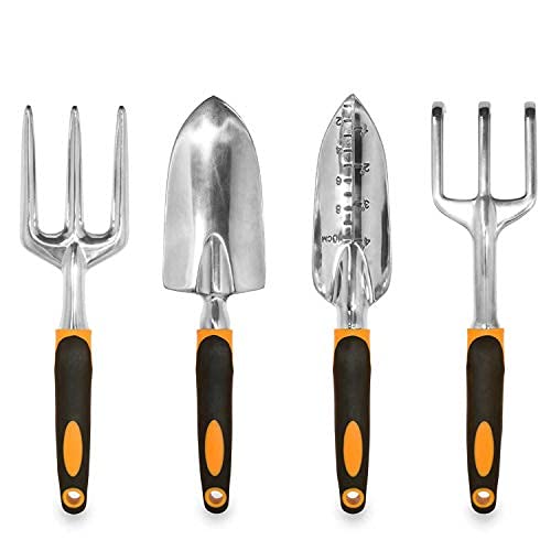 GardenHOME 7 Piece All-in-One Garden Tool Set - 5 Sturdy Stainless Steel Tools, Heavy Duty Folding Stool, Detachable Canvas Tool Bag