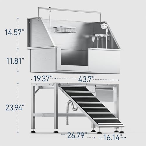 Image of 46 inch Heavy Duty Dog Washing Station - 304 Stainless Steel Pet Bathing Tub with Left Side Ramp, Elevated Grooming Sink with Storage Drawer & Removable Floor Grate, Outdoor Ready for Large & Medium Dogs | 304 Stainless Steel