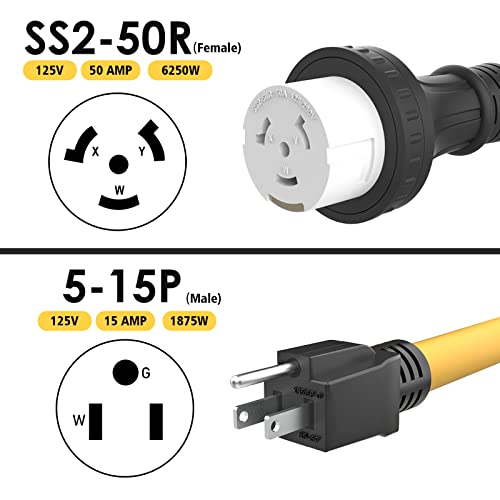 50 Amp To 15 Amp 110 Rv Adapter Cord With Locking Connector, Nema 5-15P Male To Ss2-50R Twist Lock Female Electrical Power Dogbone Plug, Heavy Duty Stw 10 Gauge For Rv Trailer Camper #TOP2