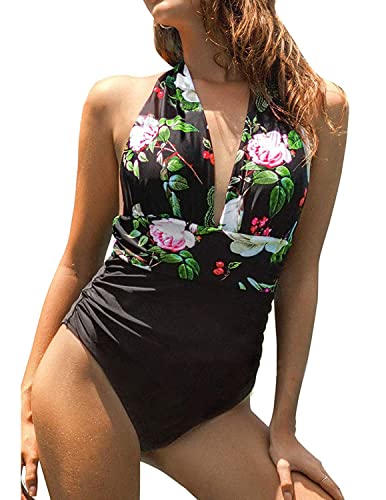 BUOYDM Trajes de una Pieza Mujeres Cintura Alta Rayas Cuello en V de Baño Trajes Bañador Conjunto de Bikini Push up A-Negro Small