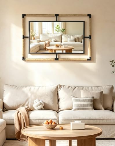 Image of Rectangular Mirror Farmhouse Rural: 35.4x23.6 inch Iron Rope Frame