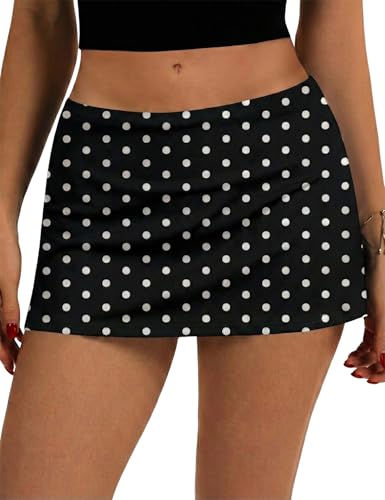 LOMON Womens Casual Mini Skorts Skirt with Built-in Shorts Sexy Low Waist Skorts with Pockets Sports Daily Going Out Outfits Black Polka Dots XS