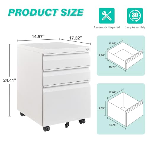Image of 3 Drawer File Cabinet with Lock,Under Desk File Cabinet with Wheels,White Rolling Filing Cabinets,Three Drawer Metal Filing Cabinet for Home Office,Fit A4 /Letter /Legal File,- Assembly Required