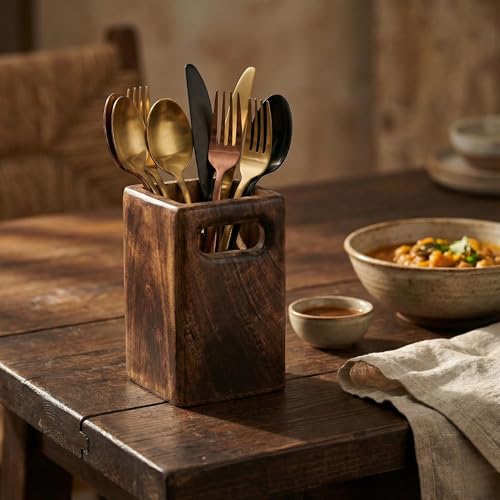 Image of Wooden Cutlery Holder Stand 4x4x6 Inch | Mango Wood Spoon Fork Organizer for Kitchen Counter | Dining Table Utensil Stand | Rustic Wooden Storage Rack | Housewarming Gift (4x4x6 Inch)