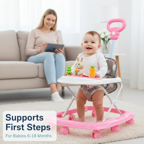 Image of Baby Walker for 6-18 Months with Musical Toys & Push Handle | Adjustable Height Baby Activity Walker, 360 Rotating Wheels, Soft Seat (Rabbit Pink)