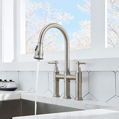 SHACO Modern Commercial Two Handle Solid Brass Pull Down Brushed Nickel Bridge Kitchen Faucet,3 Hole Traditional Country Heritage Faucets for Kitchen Sinks with Pull Down Sprayer