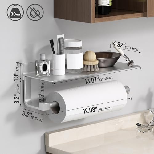 Danpoo Wall Mount Paper Towel Holder with Shelf for Bathroom/Kitchen, Adhesive Hand Towel Holder, Matte Silver - Image 2