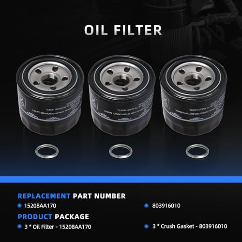 Image of 3-Pack 15208AA170 Oil Filter with Crush Gaskets, Fits for Subaru WRX 2015-2024, Fits for Subaru BRZ 2022-2024, 1.6L, 803916010
