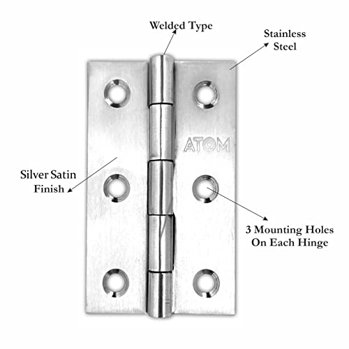 Image of Atom 40 Pcs, Stainless Steel Door Butt Hinges | 3 Inch x 16 Gauge /1.2 mm Thickness, Soft Close Hinge /kabja for Door, Window, Cabinet, Closet, Cupboard, Wooden Box (Silver Satin Finish, HNG-3X16)