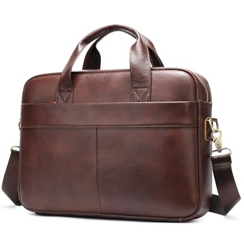 VINBAGGE Sac Business Mallette homme Cartable Sacs Business en Cuir Véritable 14 Pouces Porte Document Sac de Messager Sac à Bandoulière d'affaires Brun