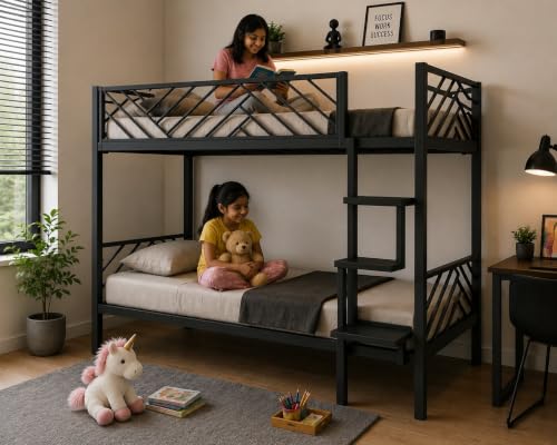 Image of Metal Bunk Bed Twin Over Twin with Ladder, Heavy Duty Steel Frame, Space Saving Kids & Adult Bunk Bed, Safety Guard Rails, Noise-Free, Black, 74 x 36 x 60 Inches