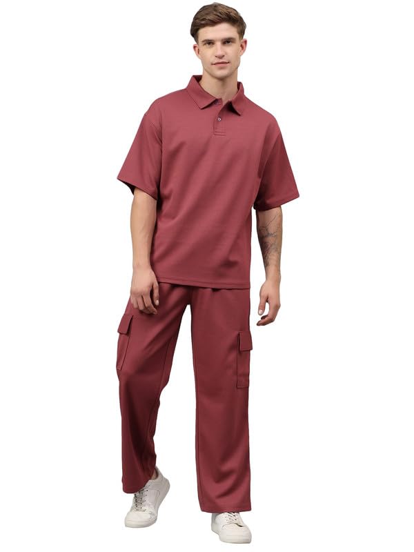 Image of YHA Solid Oversize Polo Neck Stylish Summer Tracksuit Half Sleeves Cord Set With Full Pant For Gents Lightweight Breathable Polycotton Fabric Co-ord Set For Men