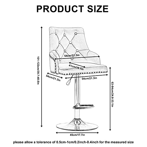Bar Stool Set Of 4 Velvet Adjustable With Tufted Backrest, Counter Height Swivel Stool Upholstered Modern Barstool Chair Chrome Base For Kitchen, Home Bar, Dining Room, (Grey*2) #TOP2