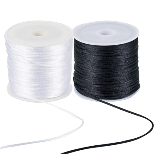 Crafans 2 rollos de cordones de nailon satinado de 1 mm, cordón de nudo chino blanco y negro, hilos de cola de rata de nailon para manualidades, pulseras, collares, manualidades y fabricación de joyas