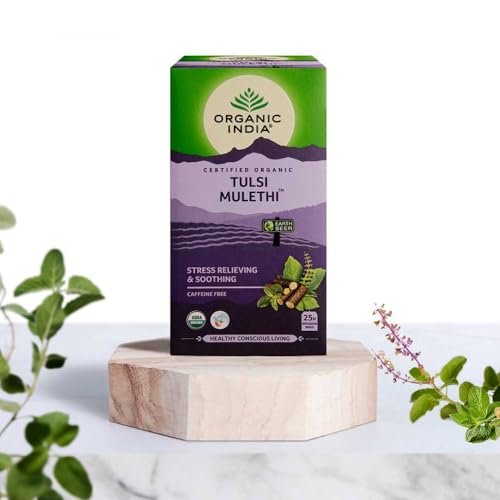 Image of A TATA Product - Organic India Tulsi Mulethi - 25 Tea Bags, Rich in Antioxidants, Eases Cough & Cold Symptoms, Stress Relieving, Boosts Immunity, Caffeine-Free, Whole Herbs Certified Organic