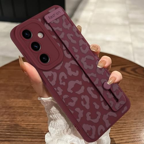 Image of Compatible with Samsung Galaxy S24 Case with Strap Wrist Wine Red | Cheetah Print Shockproof Soft TPU Protective Cover for Women Girls, Slim Anti Scratch Case 6.2 Inch, Wine Red