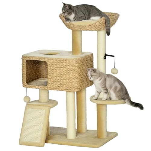 PawHut 38" Cat Tree for Indoor Cats, Cat Tower with Scratching Posts, Ramp, Condo, Toy Balls, Platform, Bed, Ramp, Beige