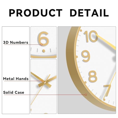 Image of Roymnie Wall Clock 12 Inch Silent Wall Clocks Battery Operated-Modern Non Ticking Analog Clock Decorative for Kitchen Bedroom Office (White Gold)