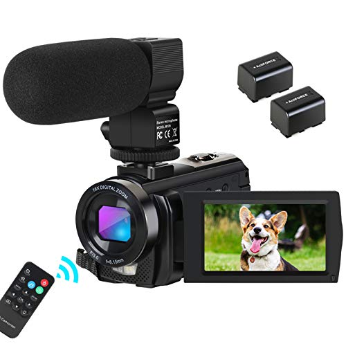 Camcorder Video Camera Digital YouTube Vlogging Camera HD 1080P 30FPS 24MP 16X Digital Zoom 3 Inch LCD Flip Screen Video Recorder with Microphone and Remote Control, 2 Batteries