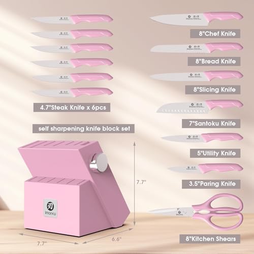 Image of imarku Pink Kitchen Knife Set - 14-Piece Stainless Steel Knife Set with Block and Build-in Sharpener, Gift for Women, Anti-Slip Handle, Dishwasher Safe