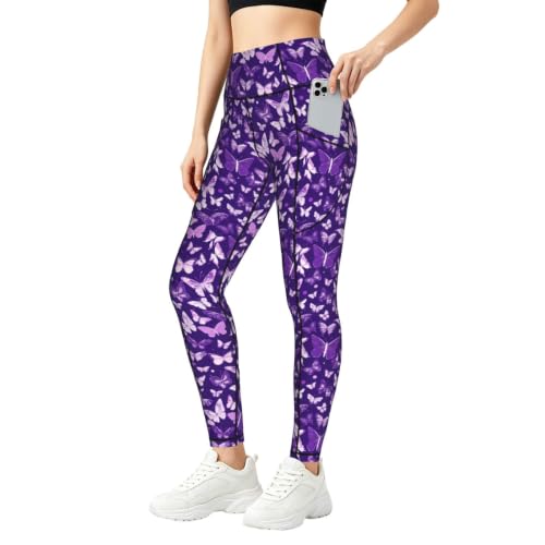 Pantalones de yoga para mujer con estampado floral morado de mariposas elásticos